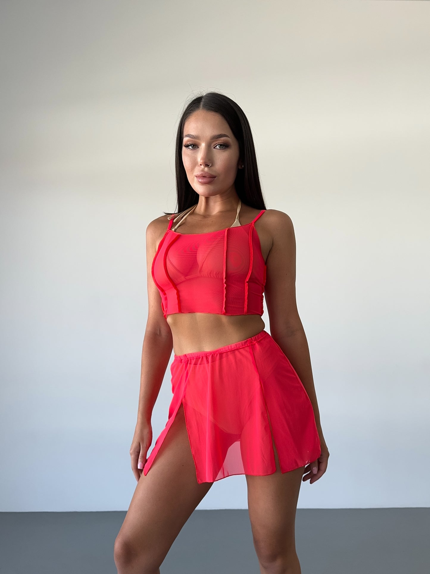 Red Mesh Strappy Crop Top