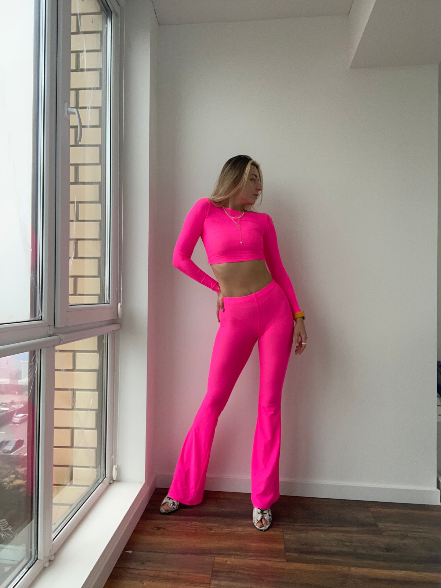Hot Pink Neon Mesh Flared Pants