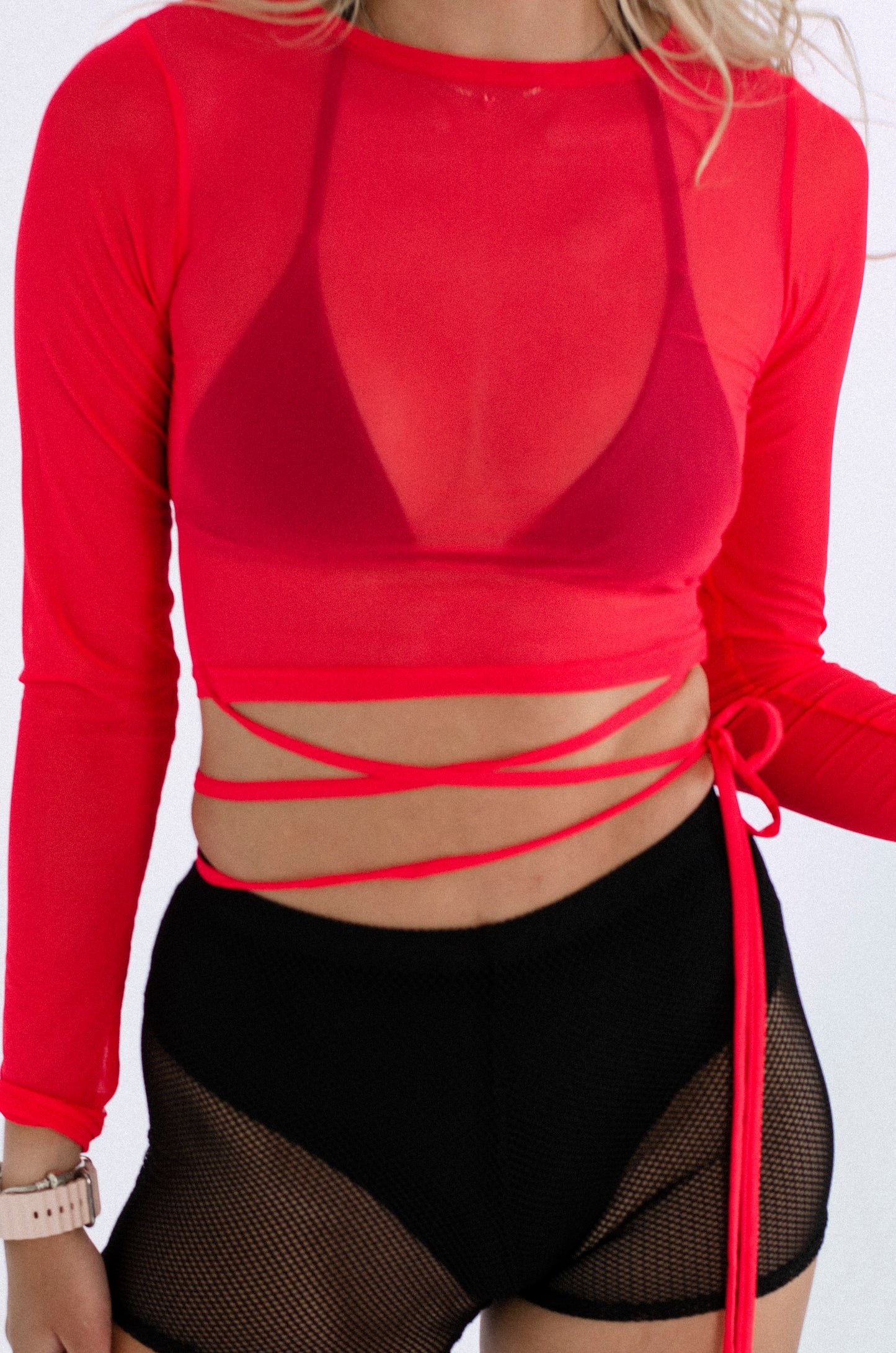 Red Mesh Long Sleeve Crop Top
