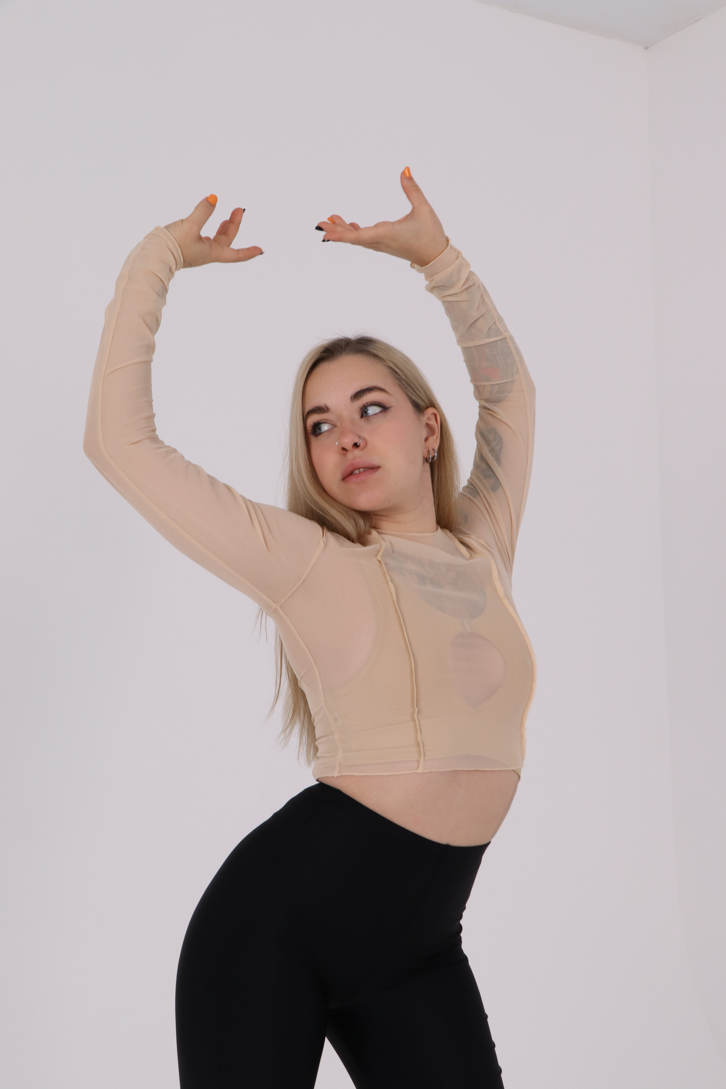 Beige Striped Mesh Crop Top