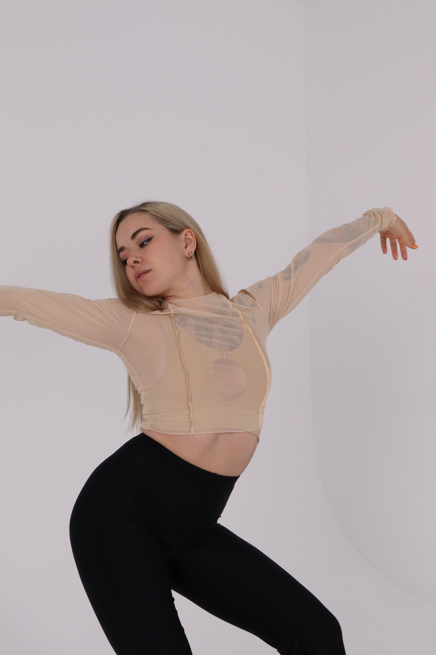 Beige Striped Mesh Crop Top