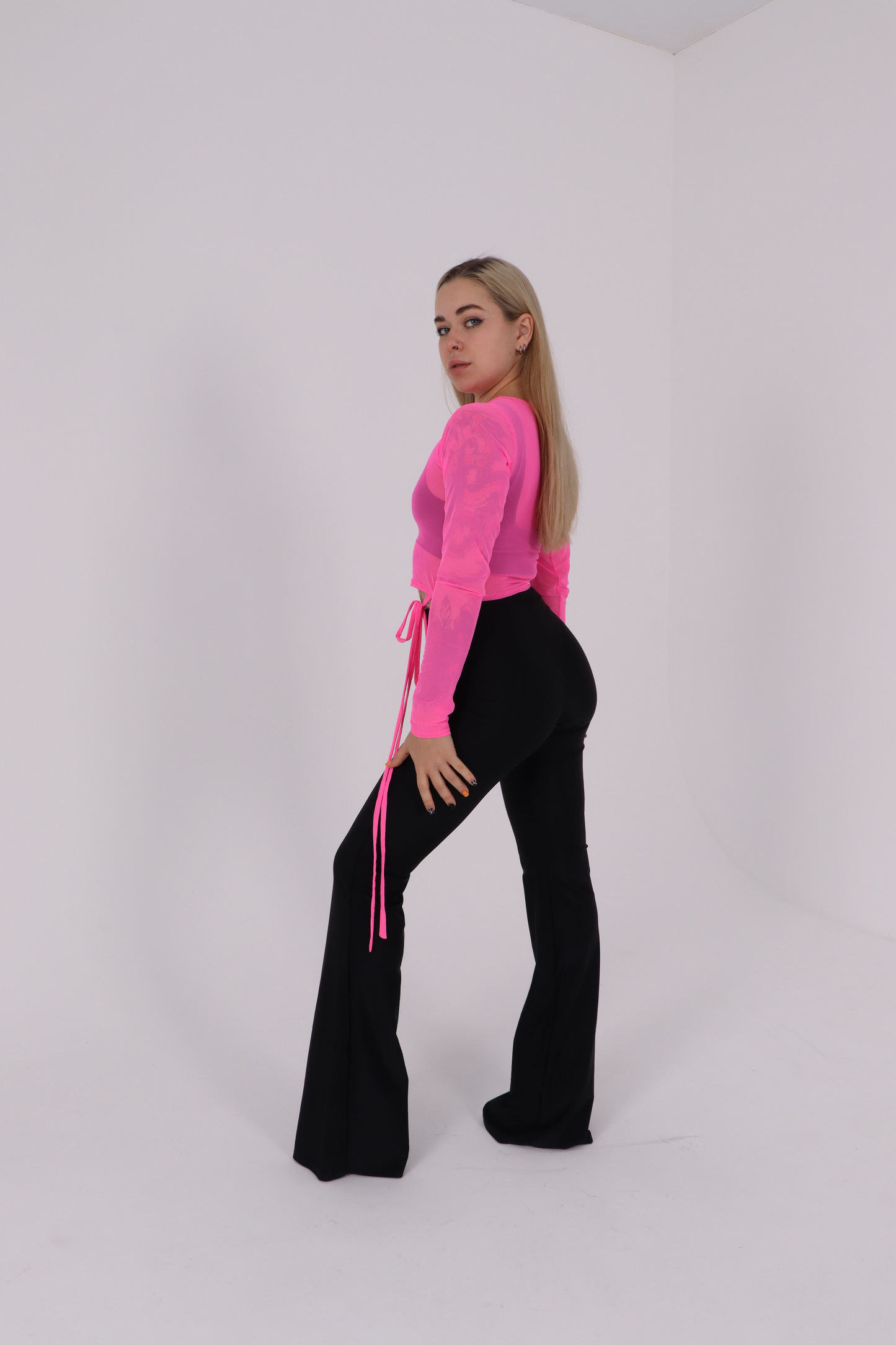 Pink Mesh Long Sleeve Crop Top