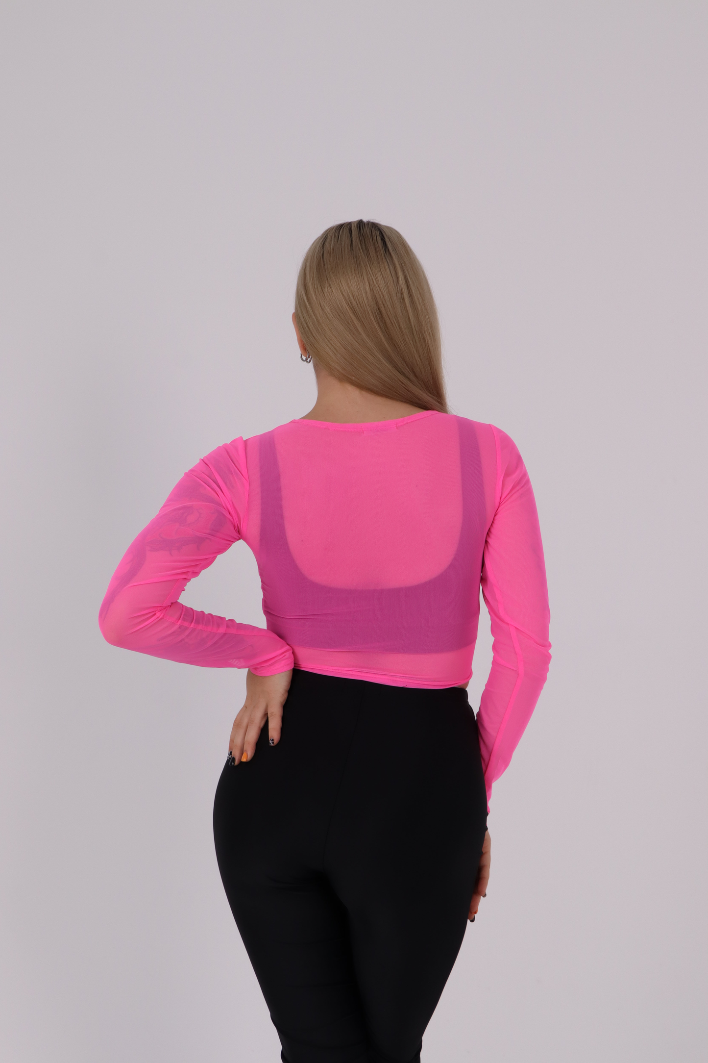 Pink Mesh Long Sleeve Crop Top