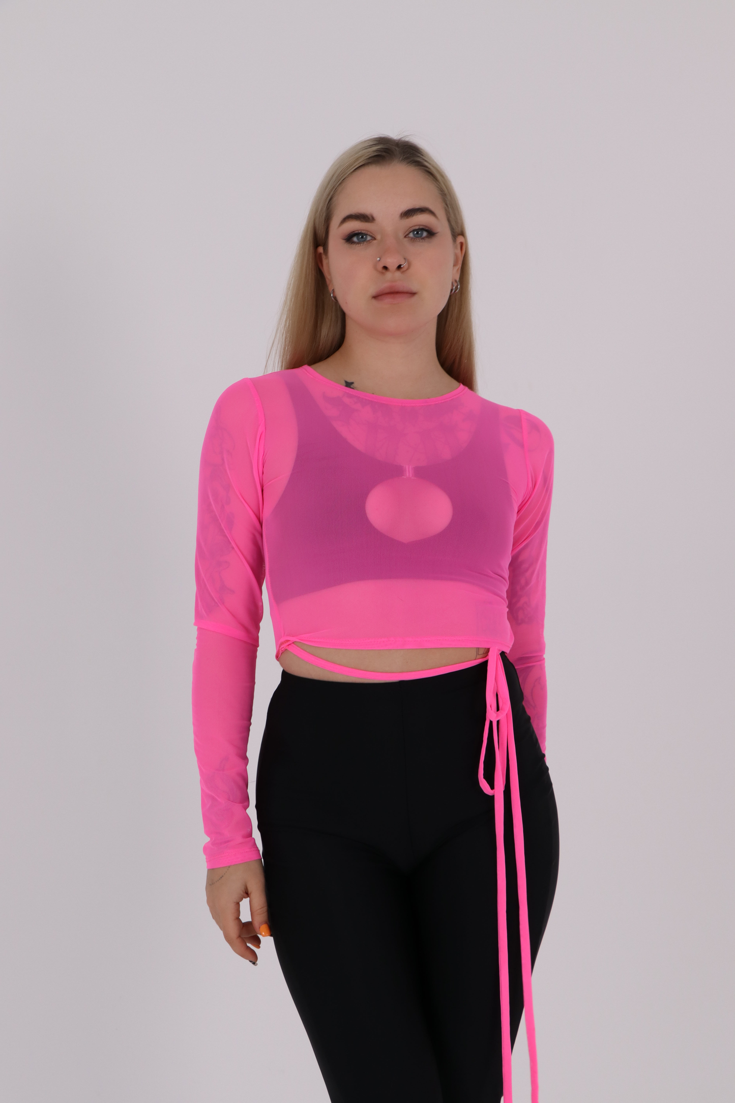 Pink Mesh Long Sleeve Crop Top
