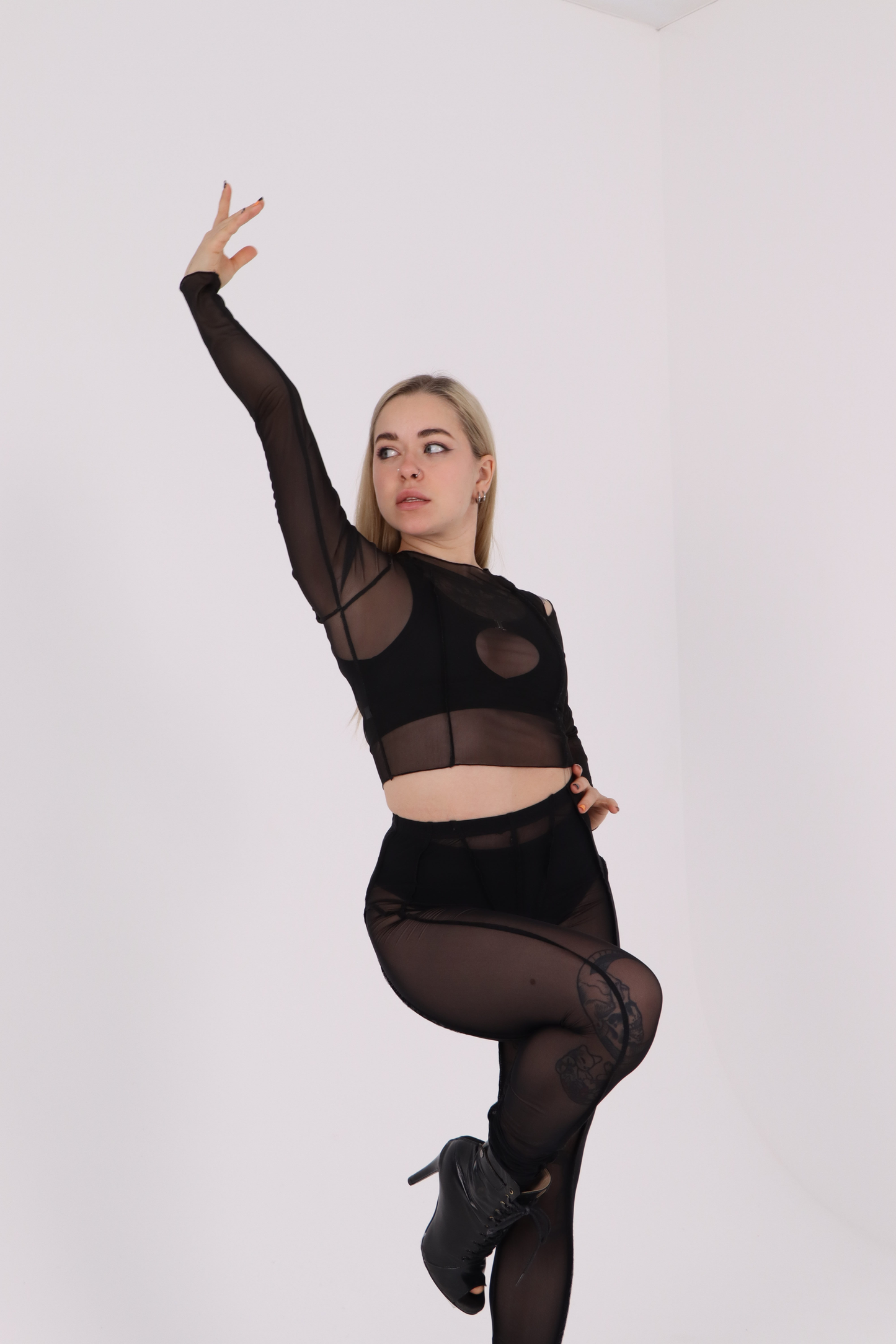 Striped Black Mesh Off Shoulder Top