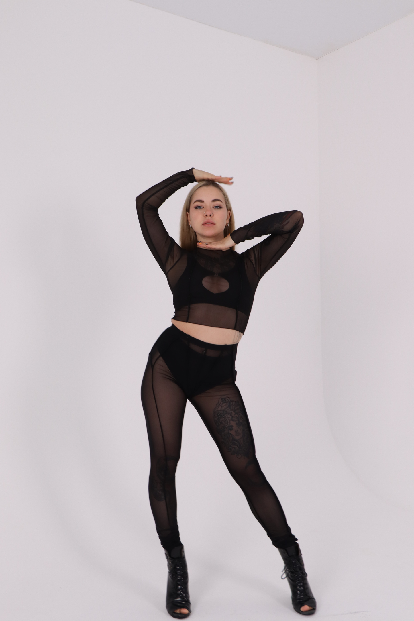 Striped Black Mesh Off Shoulder Top