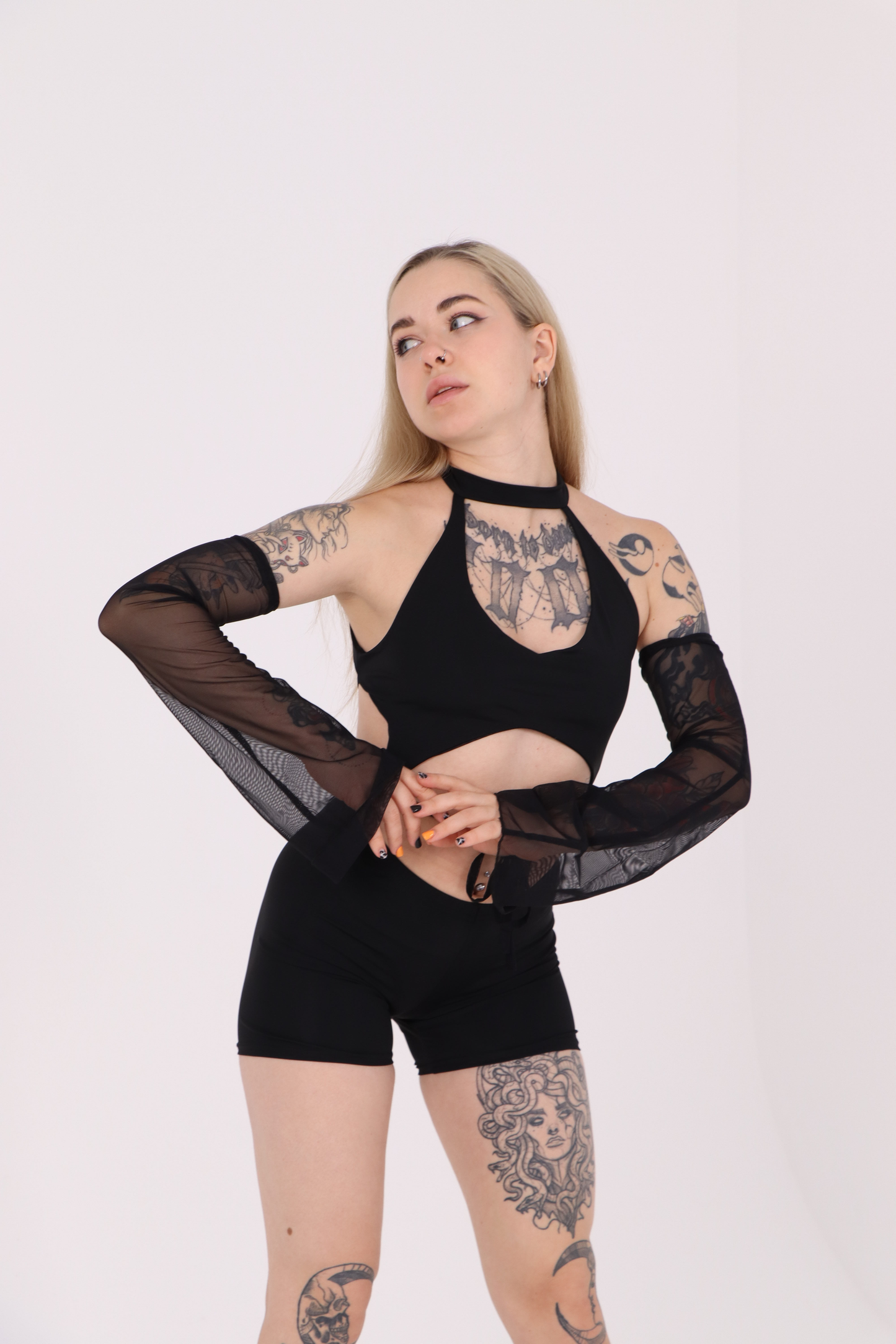 Black Rave Backless Jumpsuit with Mesh Sleeves