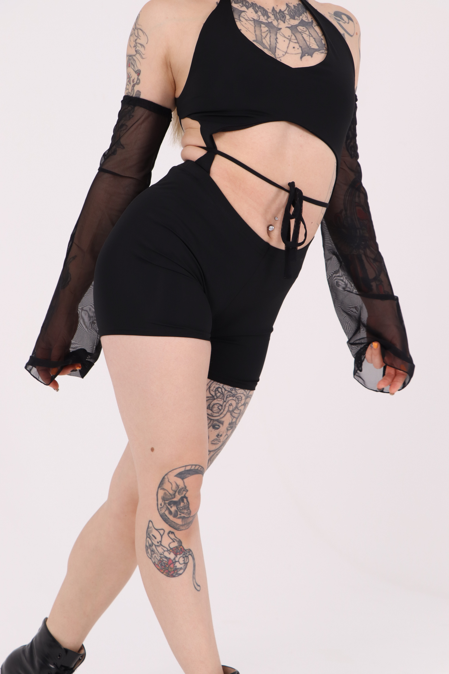 Black Rave Backless Jumpsuit with Mesh Sleeves