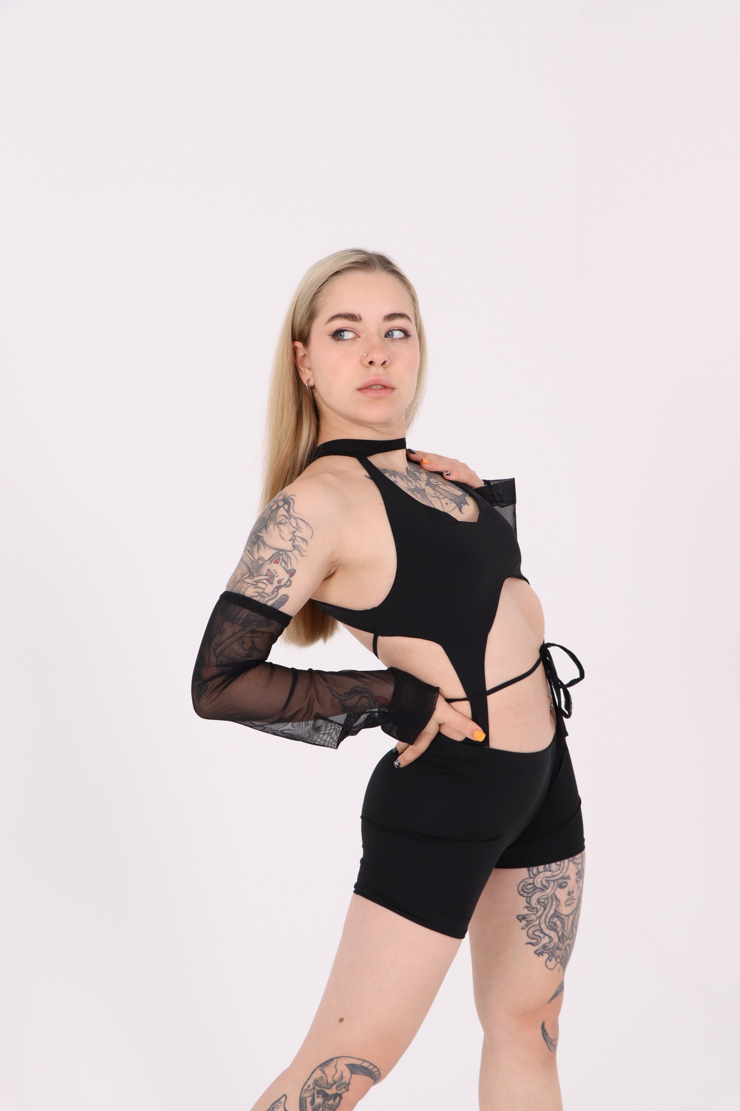 Black Rave Backless Jumpsuit with Mesh Sleeves