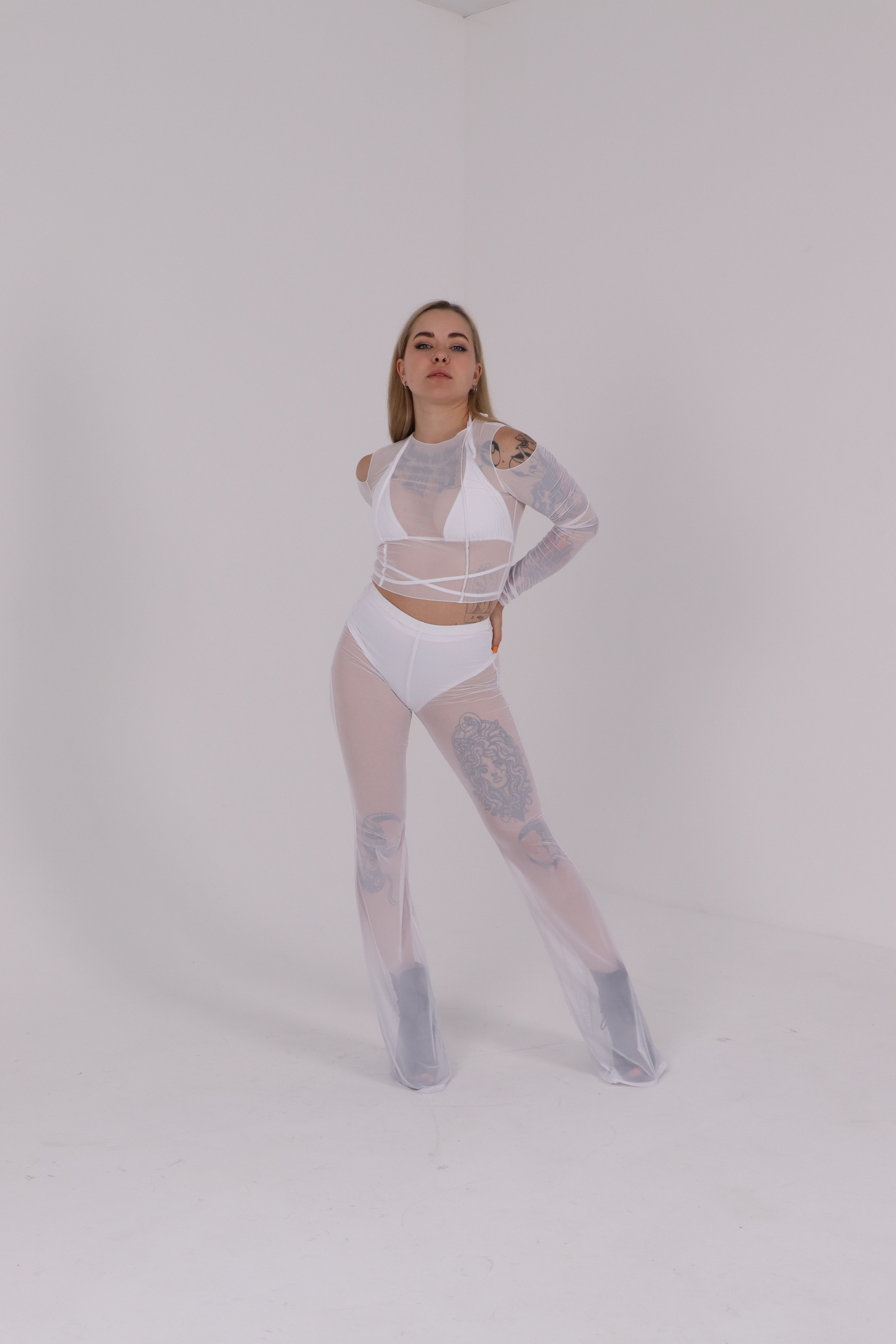 White Mesh Long Sleeve Crop Top