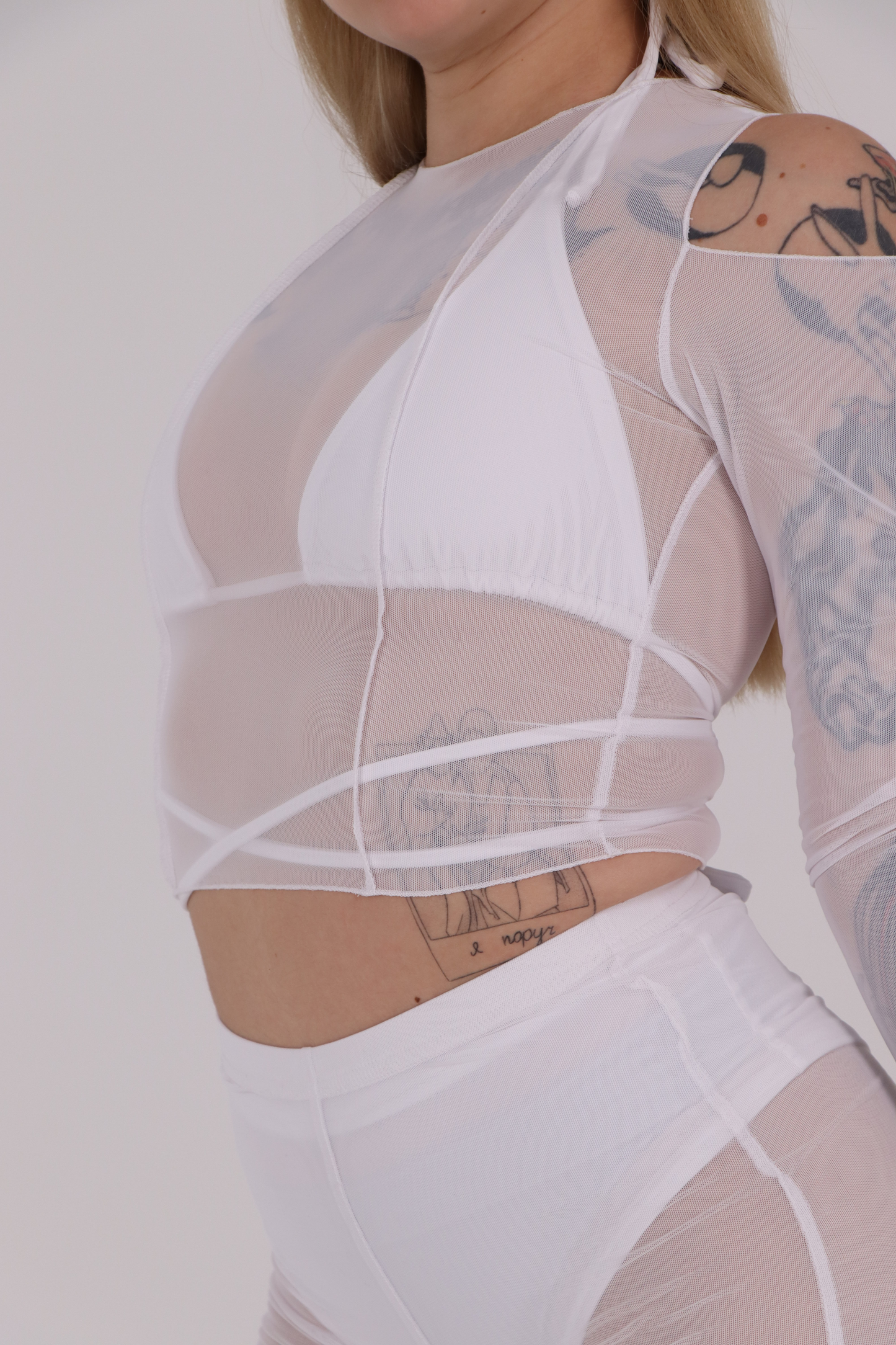 White Mesh Long Sleeve Crop Top