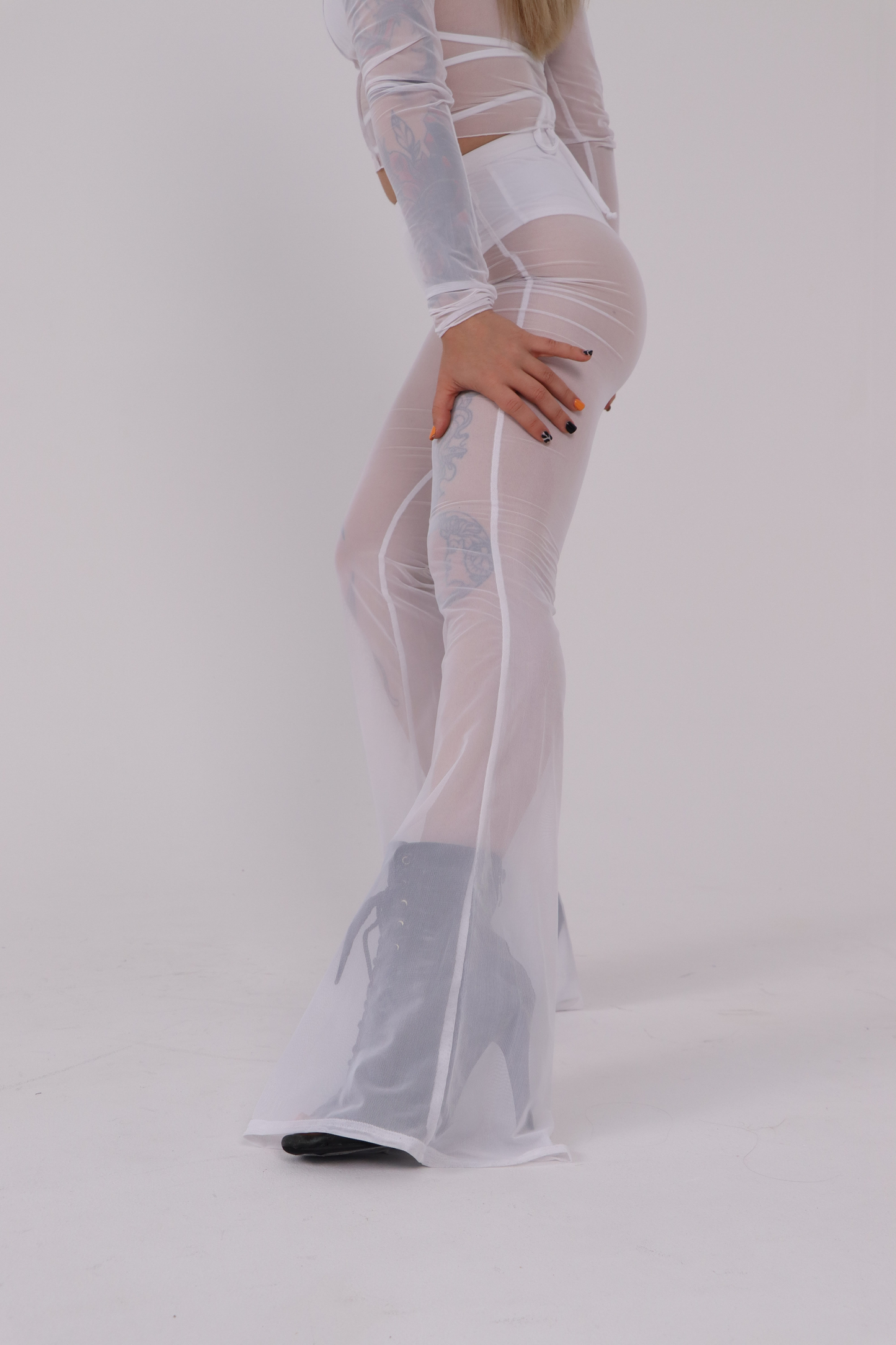 White Mesh Long Sleeve Crop Top