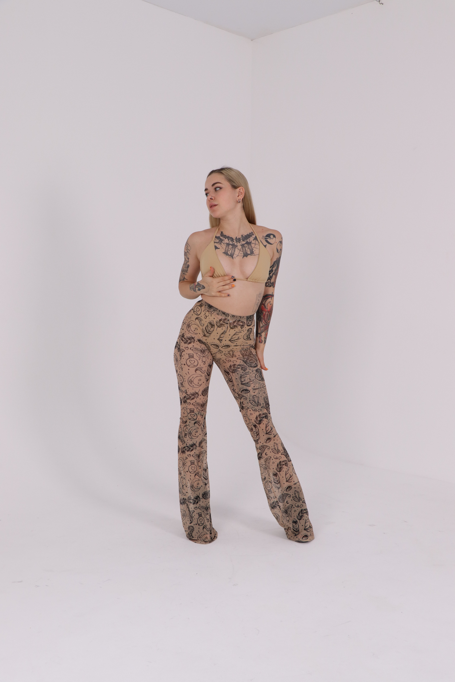Beige Tattoo Mesh Flared Pants