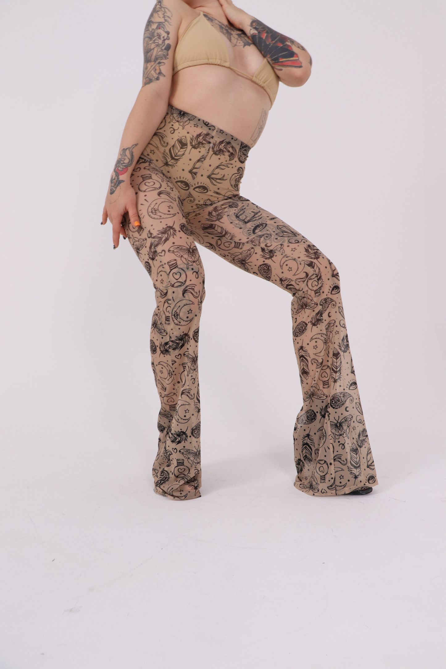 Beige Tattoo Mesh Flared Pants