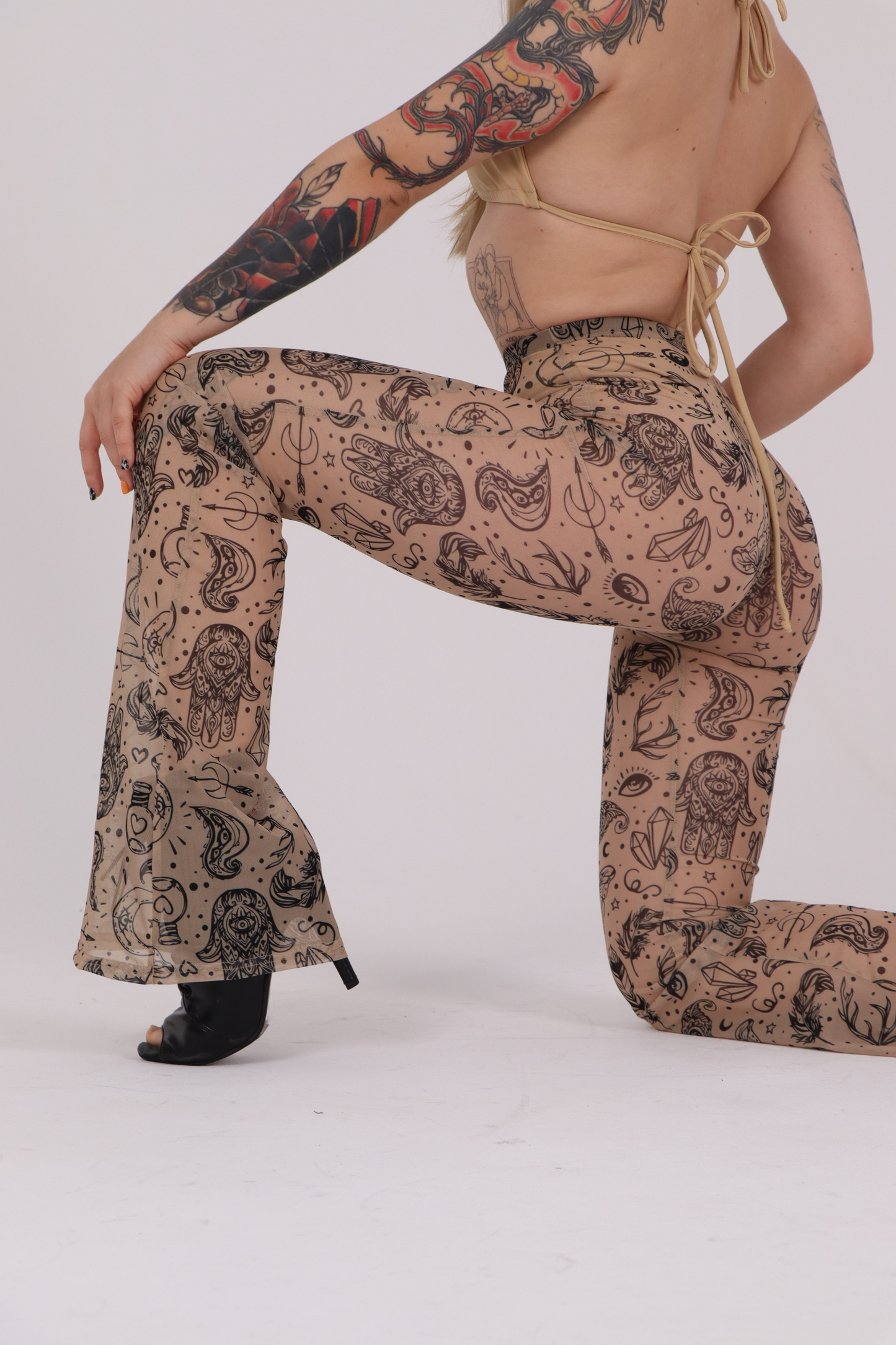 Beige Tattoo Mesh Flared Pants