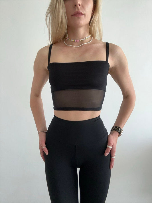 Black Mesh & Knit Decollete Crop Top