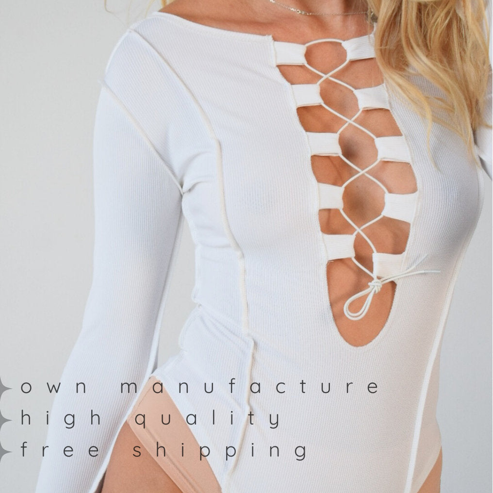 White Lace Up Bodysuit