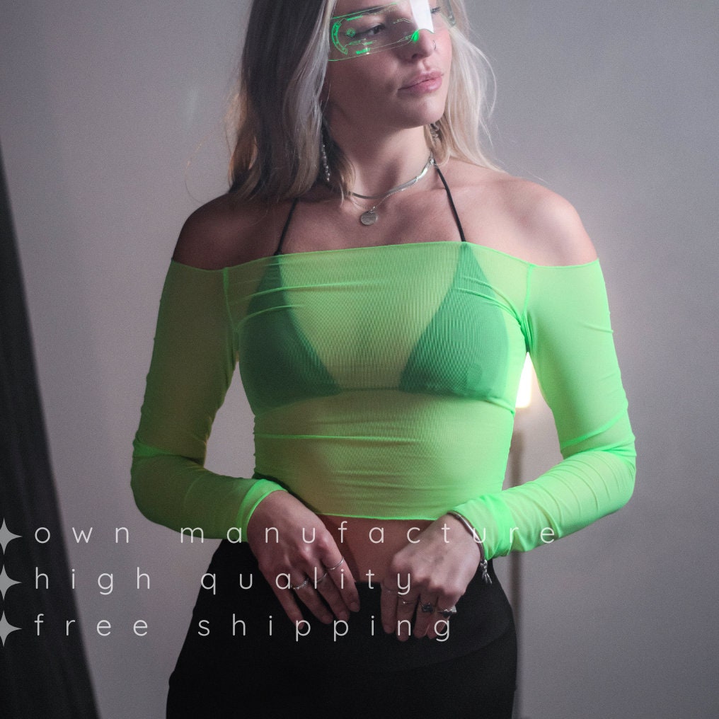 Green Mesh Off Shoulder Crop Top