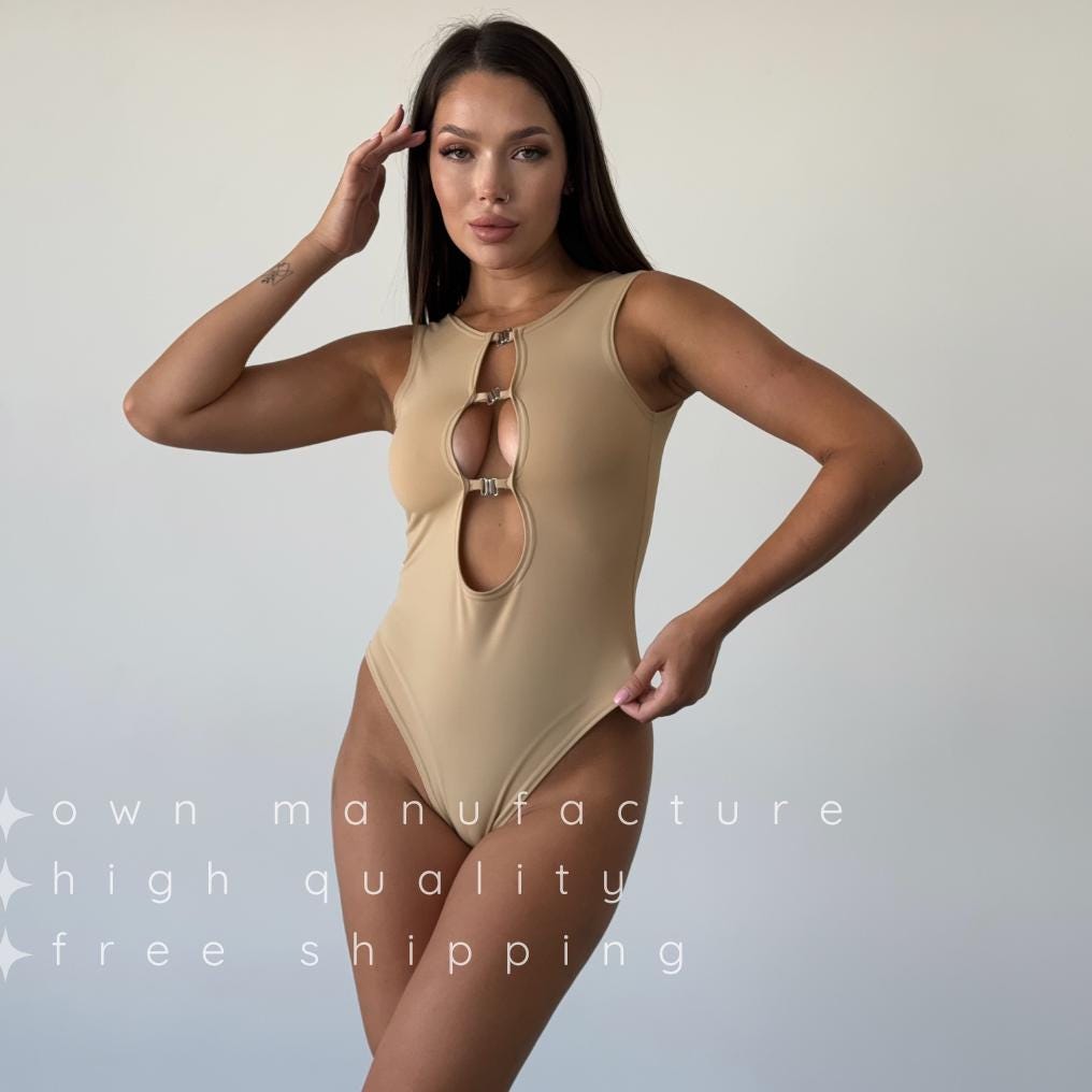 Beige Decollete Bodysuit with Clasp