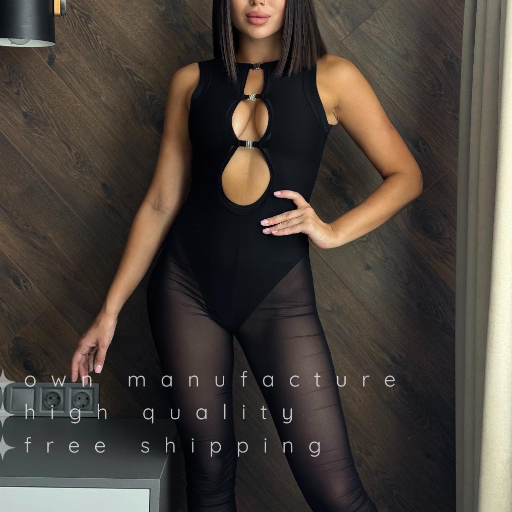 Black Mesh Sleeveless Leggins Jumpsuit
