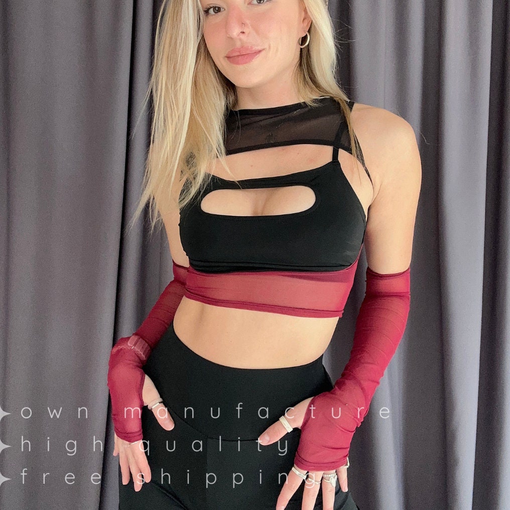 Black & Burgundy Mesh Crop Top