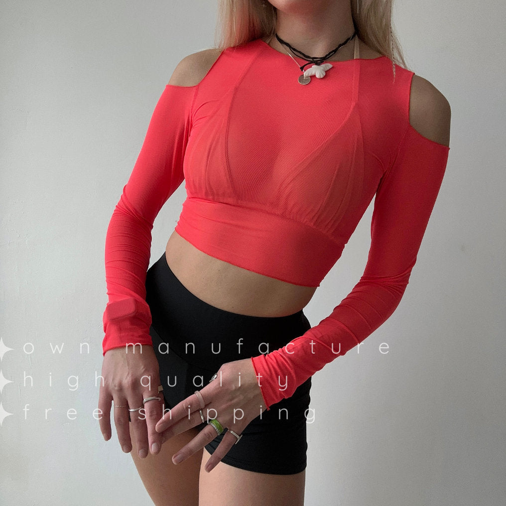 Red Off Shoulder Mesh Crop Top