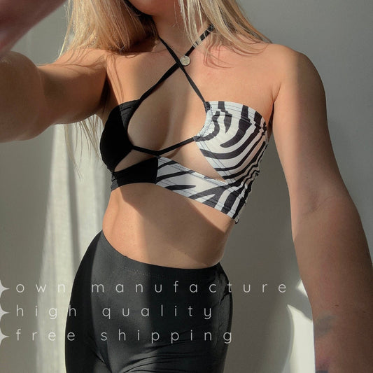 Black & Zebra Tie Front Top