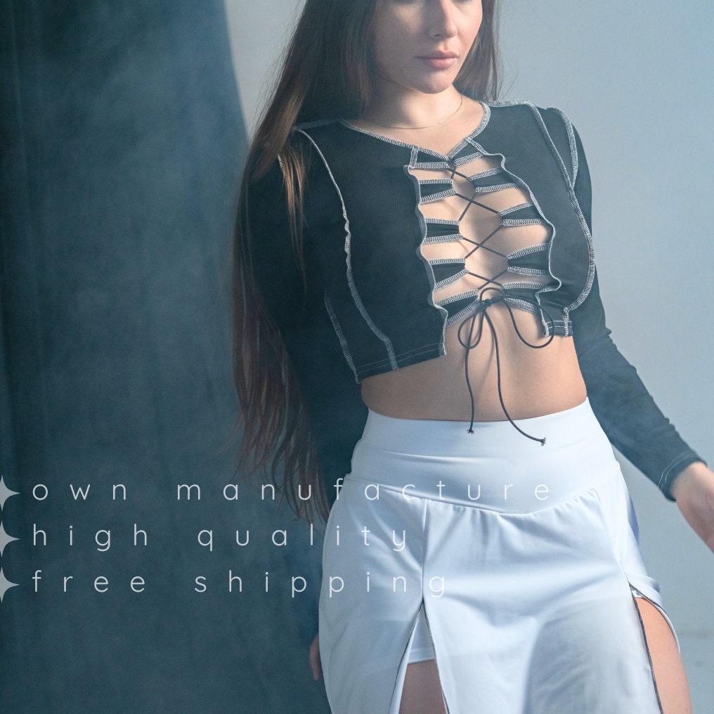 Black Ribbed Lace Up Dance Top