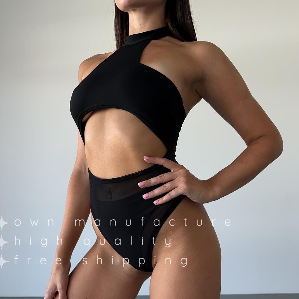 Black Mesh Pole Dance Backless Catsuit