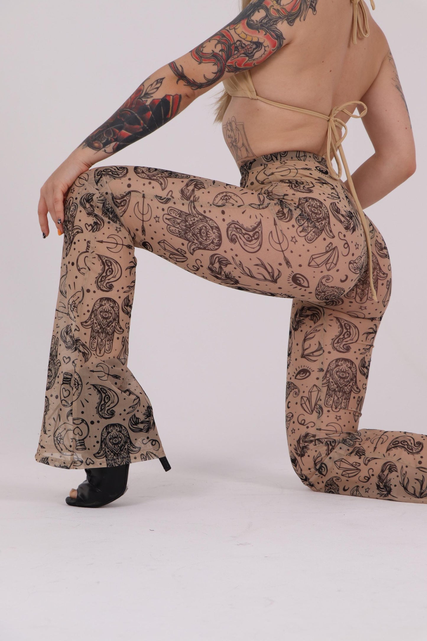 Beige Tattoo Mesh Flared Pants