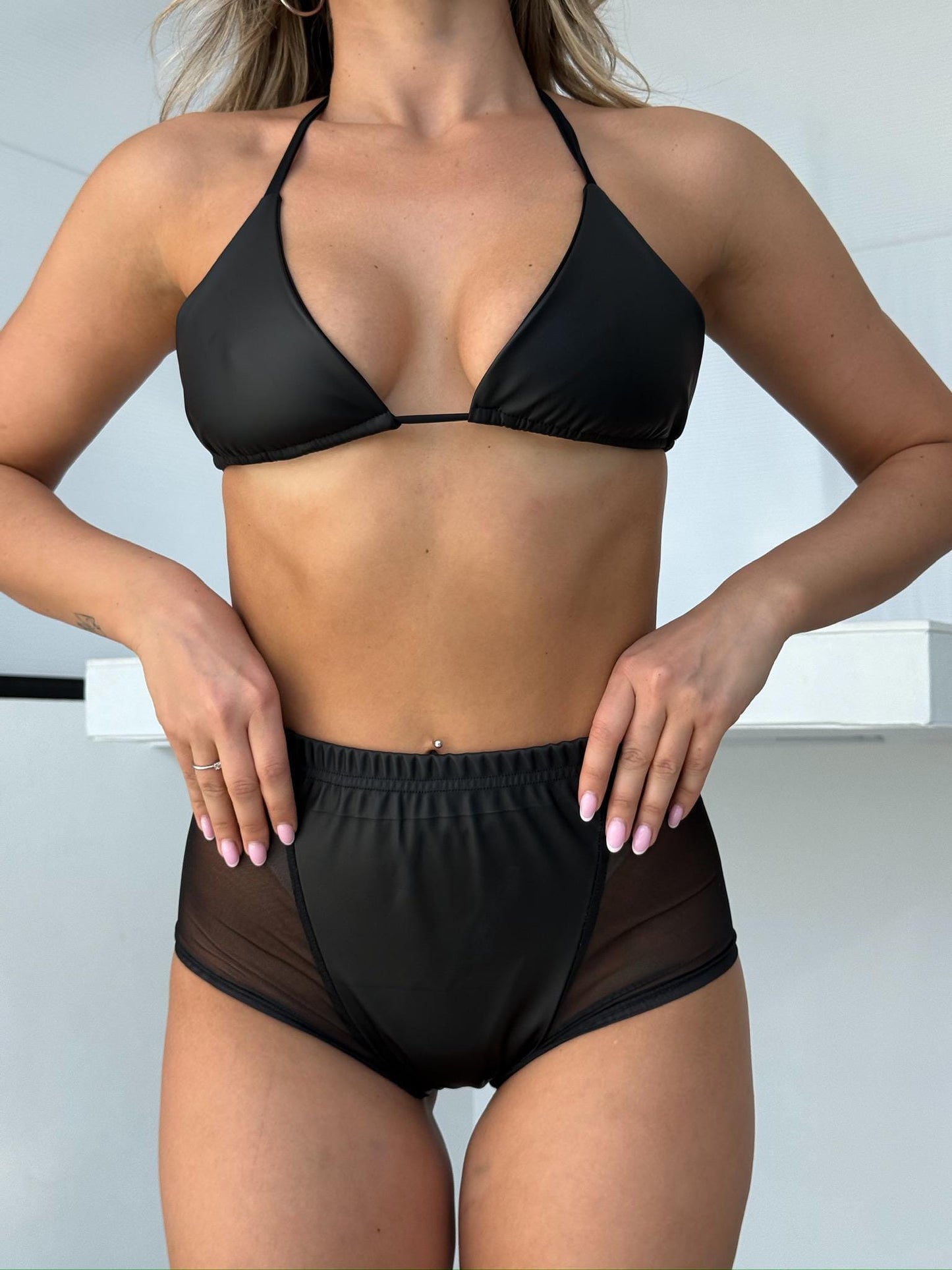 Matte Black Faux Leather Bikini Top