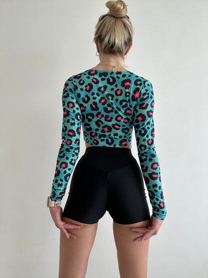 Blue Leopard Print Cut Out Crop Top