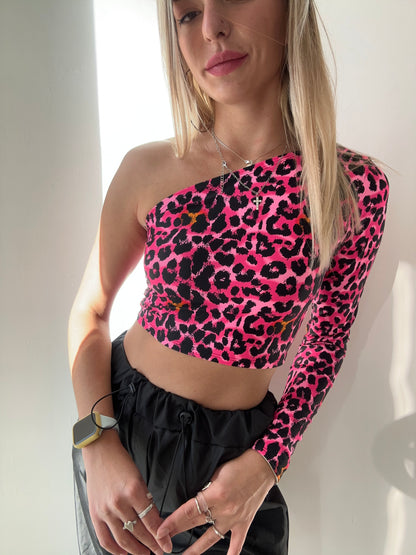 Hot Pink Leopard One Shoulder Top