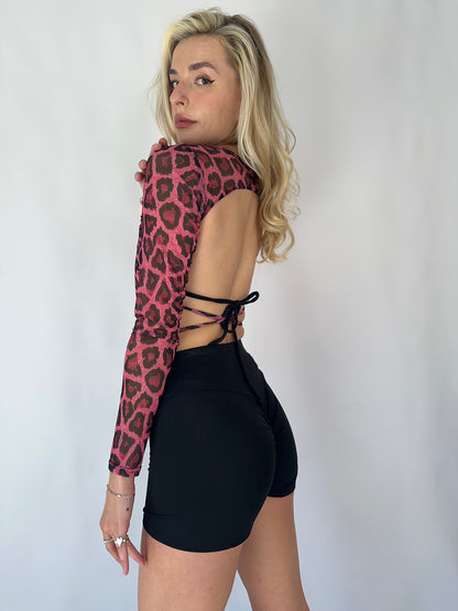 Pink Leopard Mesh Open Back Crop Top