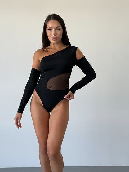 Black Matte Bodysuit with Wave Mesh Panels