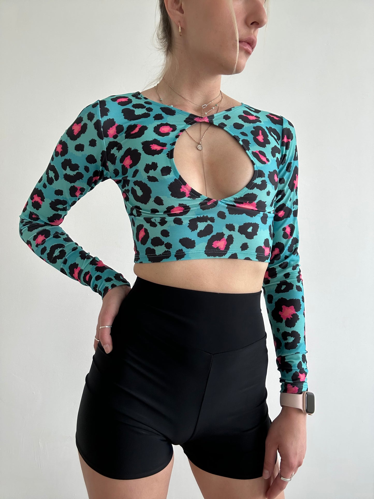 Blue Leopard Print Cut Out Crop Top