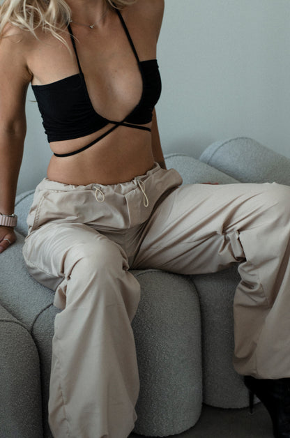 Beige Cargo Wide Leg Pants