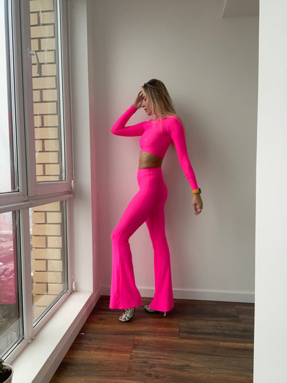 Hot Pink Neon Mesh Flared Pants
