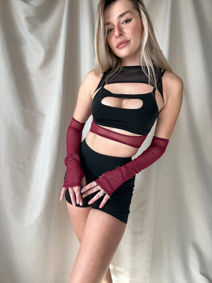Burgundy Mesh Fingerless Long Gloves