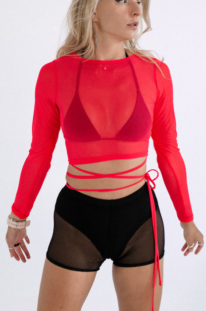 Red Mesh Long Sleeve Crop Top