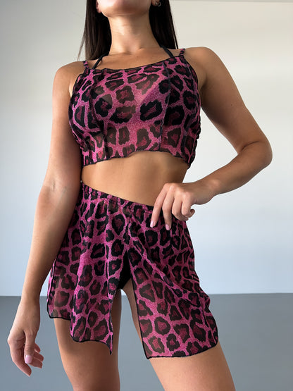 Pink Leopard Mesh Strappy Crop Top