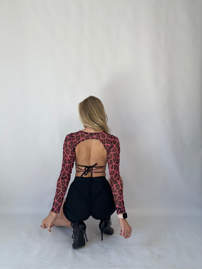 Pink Leopard Mesh Open Back Crop Top