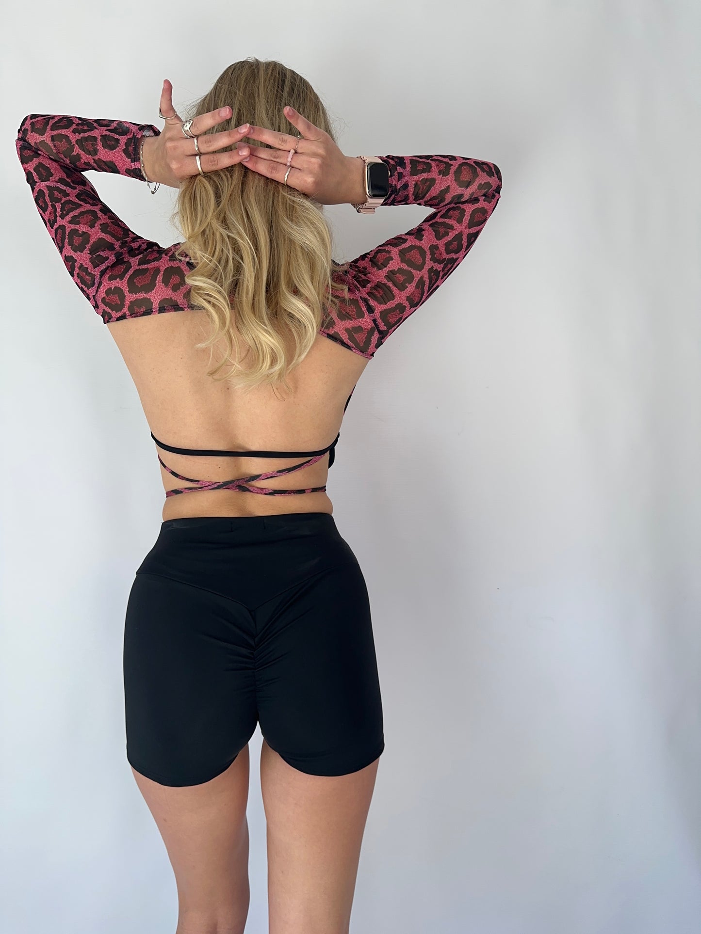 Pink Leopard Mesh Open Back Crop Top