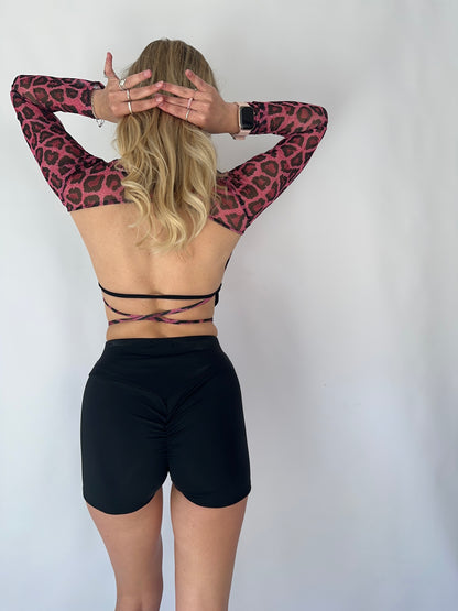 Pink Leopard Mesh Open Back Crop Top