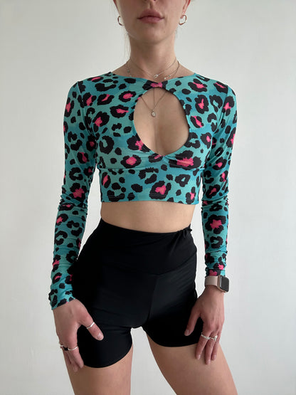 Blue Leopard Print Cut Out Crop Top