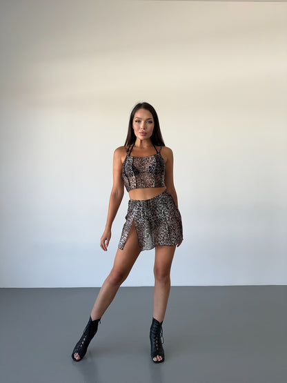 Beige Leopard Mesh Strappy Crop Top