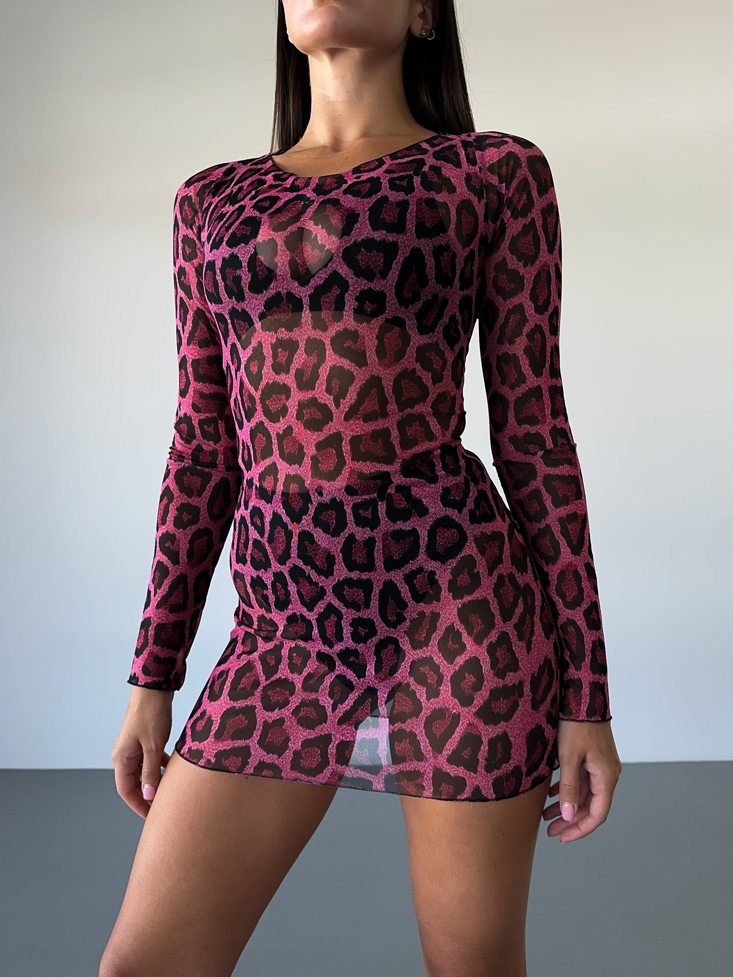 Pink Sheer Mesh Backless Mini Dress