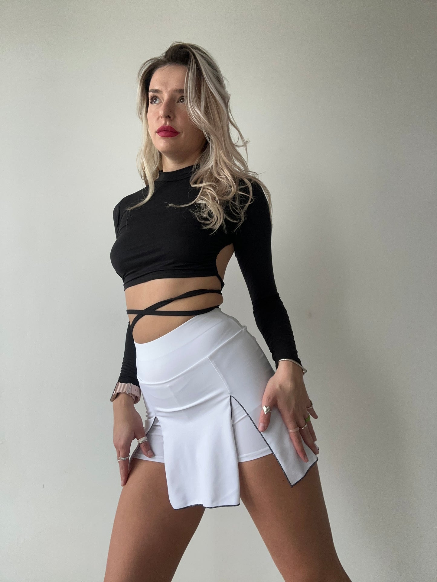 White Mini Skort with Black Stitching