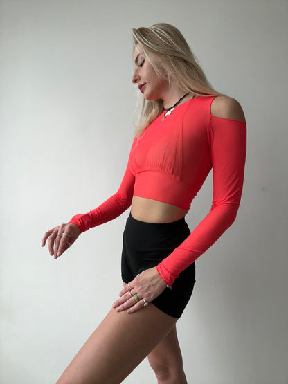 Red Off Shoulder Mesh Crop Top