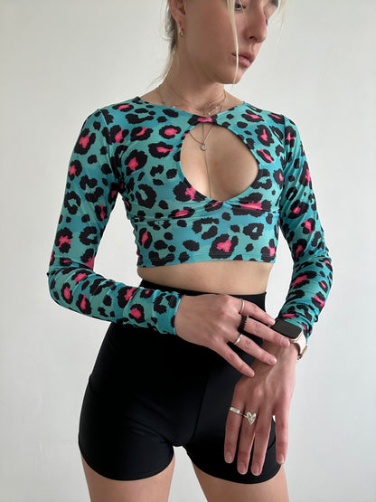 Blue Leopard Print Cut Out Crop Top